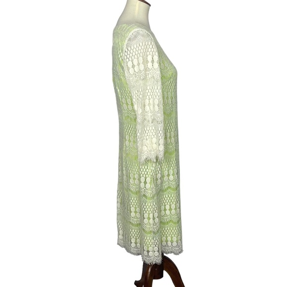J Howard Dress Womens 10 Kiwi Green Cream Lace Overlay Midi Lined - Picture 2 of 13